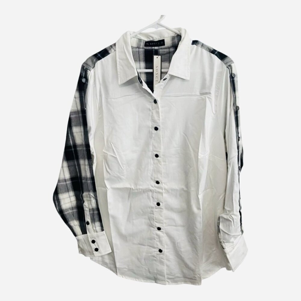 Soncy Women’s Contrast Long Sleeve Button Up White Black Plaid Size 00 (10)